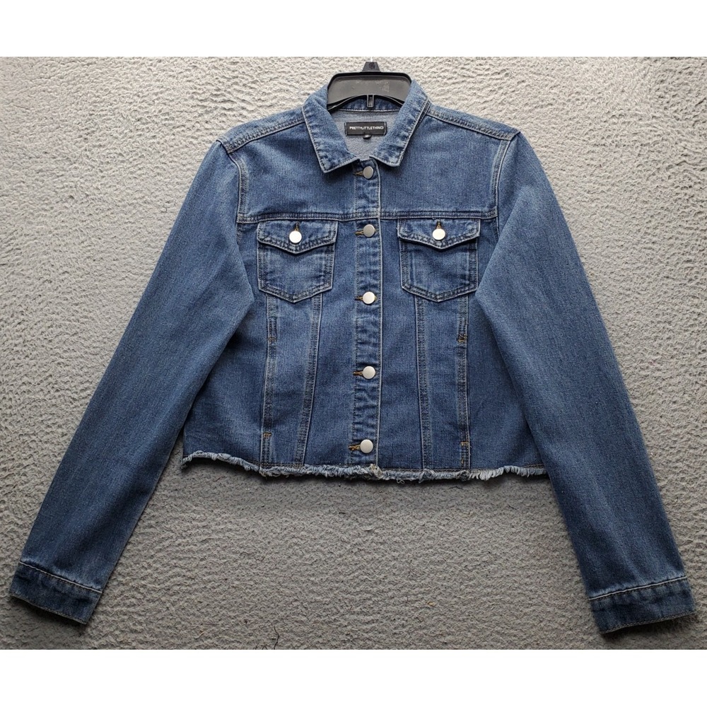 PRETTYLITTLETHING‎ Cropped Jacket Womens 10 Blue Denim Frayed Hem Button Front